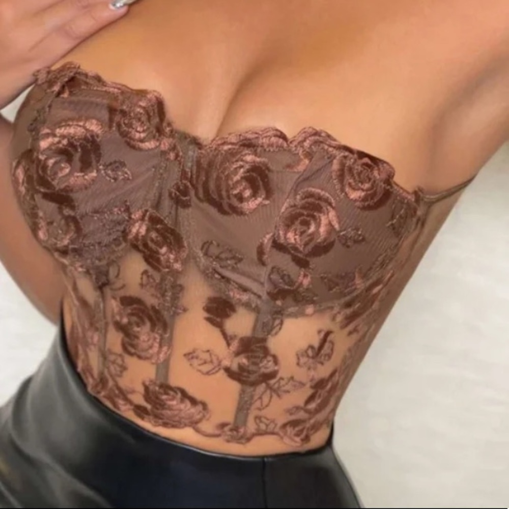 Boho black Lace Floral Embroidered Corset Bustier Crop Top - Picture 10 of 16